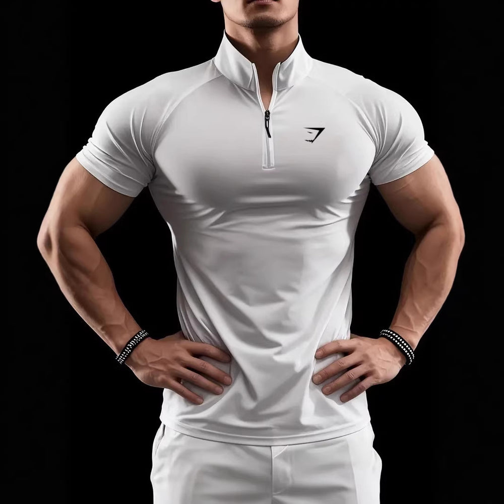 Cross border muscle shark short sleeved men's half zipper elastic quick drying T-shirt running sports milk silk tight fitting men's clothing