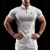 Cross border muscle shark short sleeved men's half zipper elastic quick drying T-shirt running sports milk silk tight fitting men's clothing