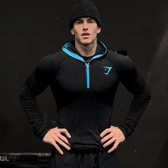 GYMSHARK men's long sleeved autumn and winter classic superhero quick drying elastic hooded sweatshirt with half zipper training suit