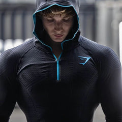 GYMSHARK men's long sleeved autumn and winter classic superhero quick drying elastic hooded sweatshirt with half zipper training suit