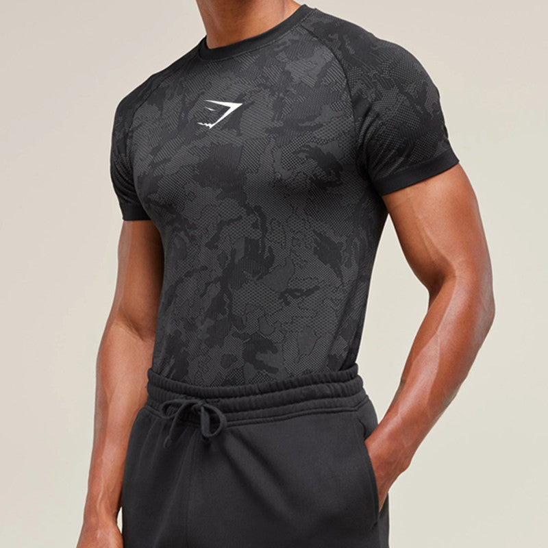 GYMSHARK男士运动健身短袖篮球跑步印花拉架弹力训练运动紧身T恤