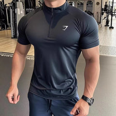 Cross border muscle shark short sleeved men's half zipper elastic quick drying T-shirt running sports milk silk tight fitting men's clothing