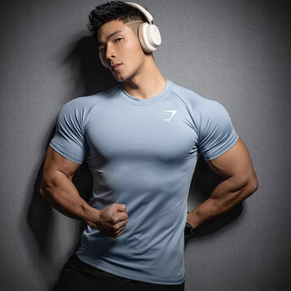 GYMSHARK Fitness Short Sleeve 2025 New Foreign Trade Muscle Sports Tight T-shirt Printed Elastic Quick Drying T-shirt