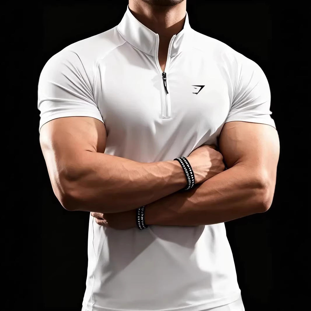 Cross border muscle shark short sleeved men's half zipper elastic quick drying T-shirt running sports milk silk tight fitting men's clothing
