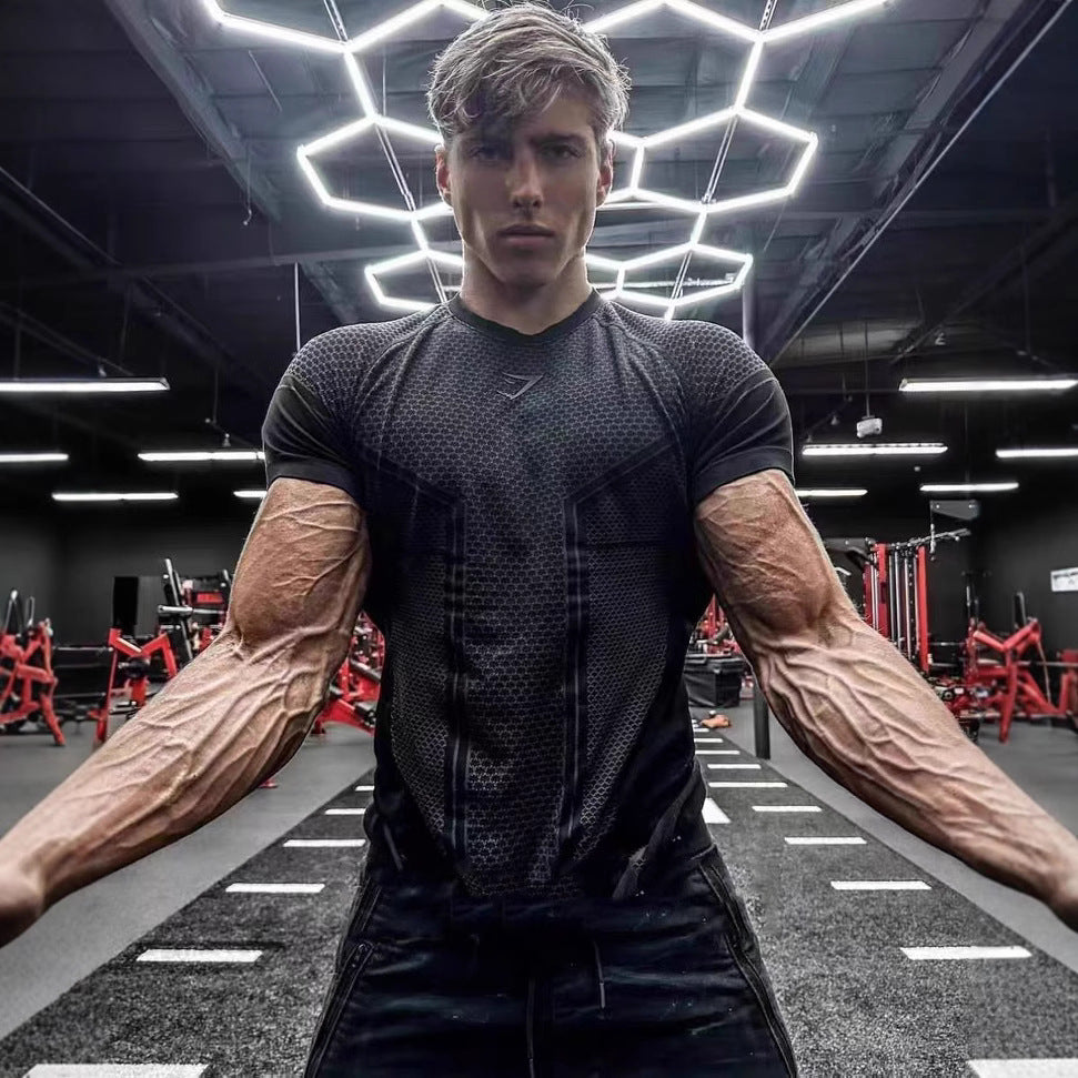 Gymshark summer men's slim fit short sleeved sports slim fit casual plus size short sleeved casual elastic top shark