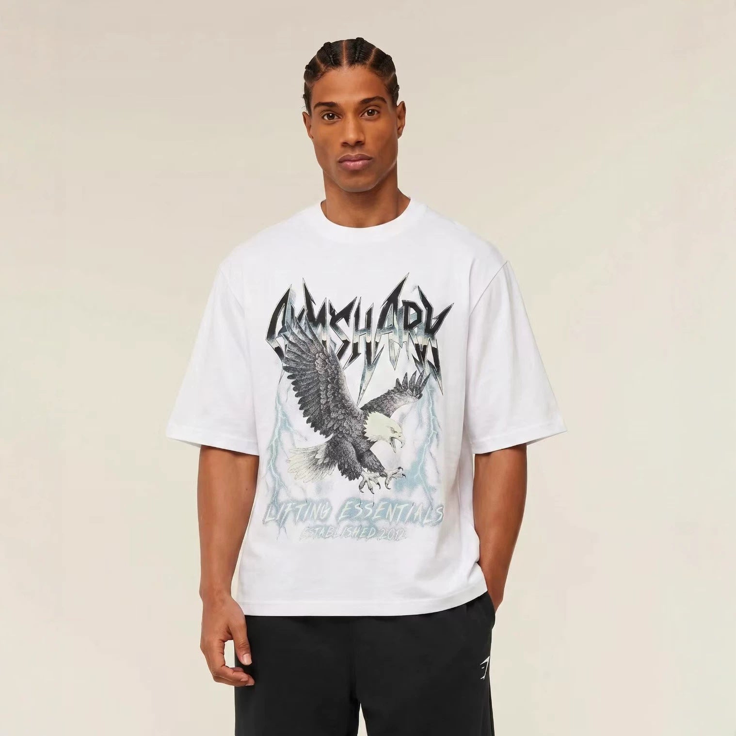 GYMashaRK muscle shark fitness suit American trend fitness sports plus size printed short sleeved men's t-shirt