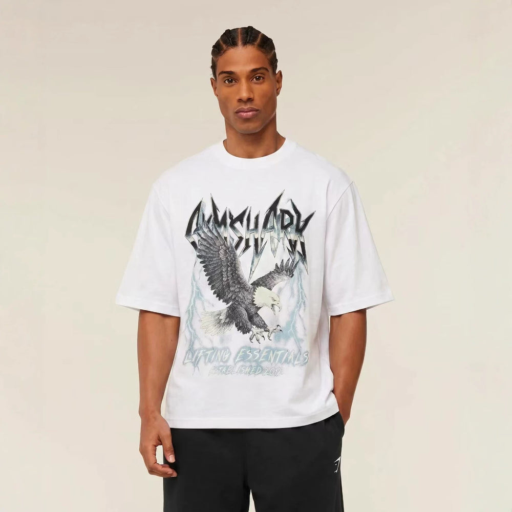 GYMashaRK muscle shark fitness suit American trend fitness sports plus size printed short sleeved men's t-shirt