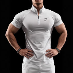 Cross border muscle shark short sleeved men's half zipper elastic quick drying T-shirt running sports milk silk tight fitting men's clothing