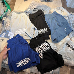British shark letter print double-layer mesh breathable men's and women's fitness loose casual couple sports quarter shorts