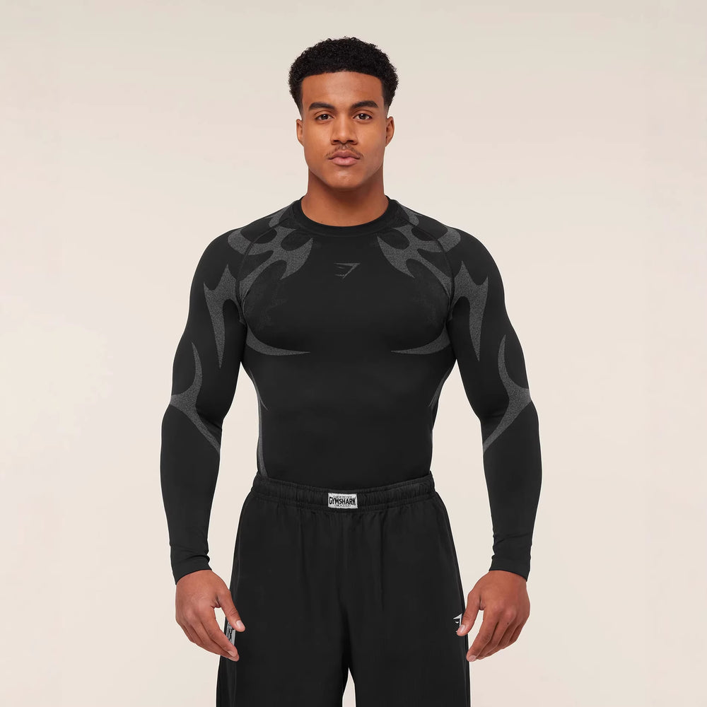 GYMSHARK seamless long sleeved T-shirt for men's sports, fitness, running, basketball training, quick drying bodysuit