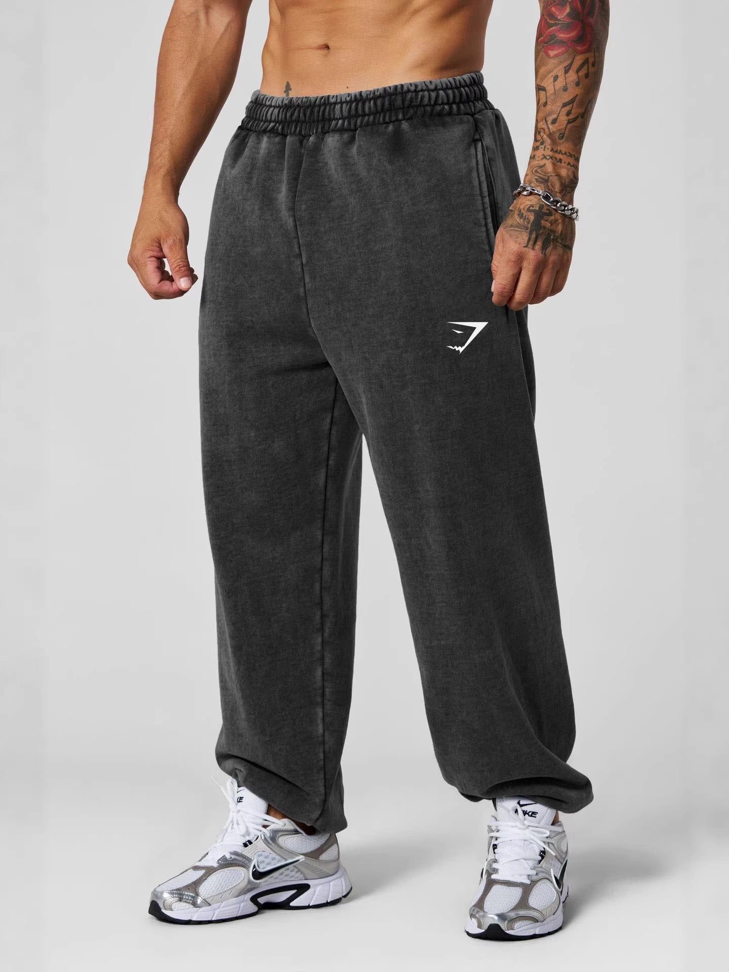 GYMSHARK men's sports pants, muscle exercise fitness jogging pants, cotton ankle tied mid waist casual pants, straight leg