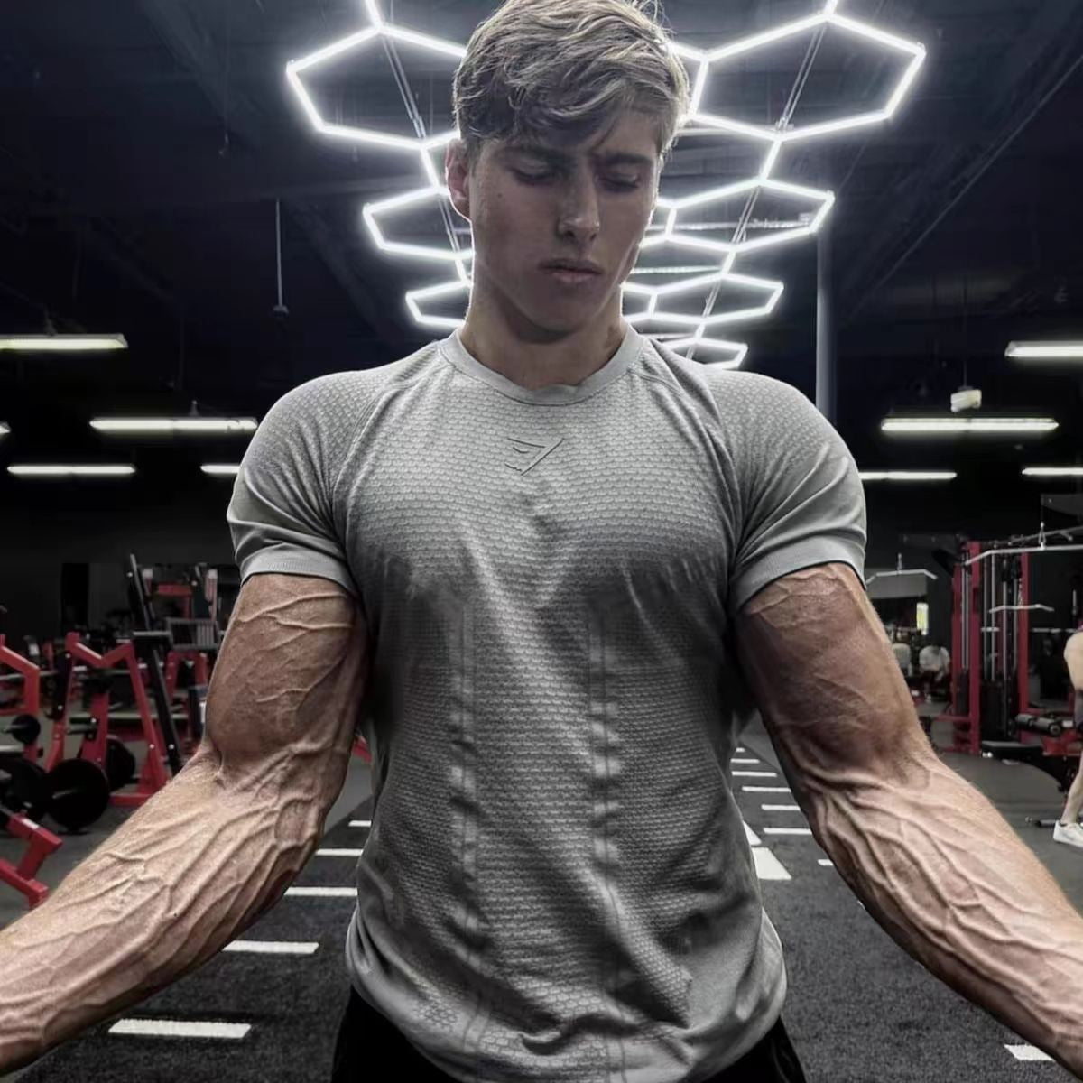 Gymshark summer men's slim fit short sleeved sports slim fit casual plus size short sleeved casual elastic top shark