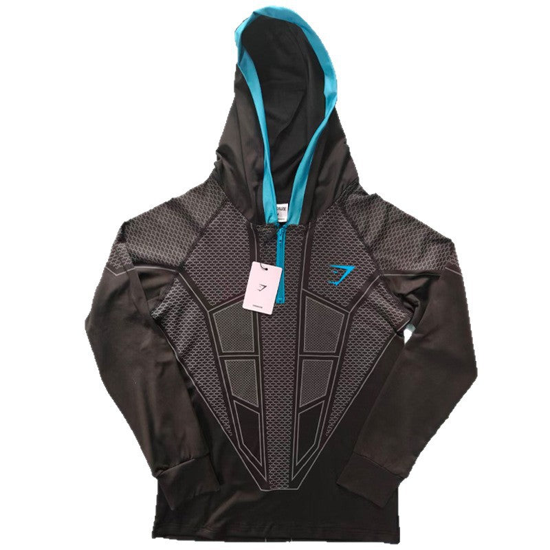 GYMSHARK men's long sleeved autumn and winter classic superhero quick drying elastic hooded sweatshirt with half zipper training suit