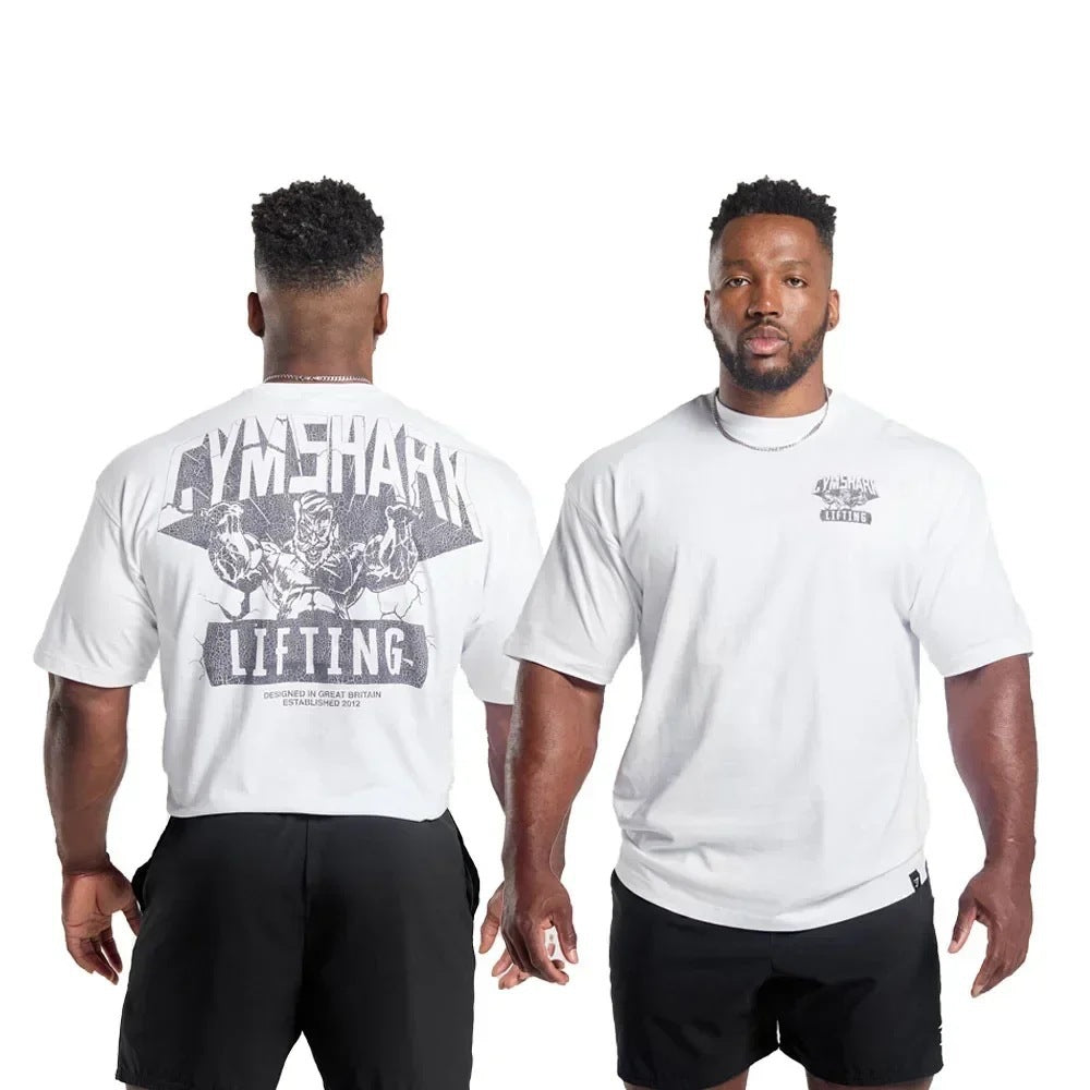 Cross border AliExpress Cross border US Muscle Shark T-shirt Street Fitness Gymnastics Summer Sports Fitness Short sleeved Men