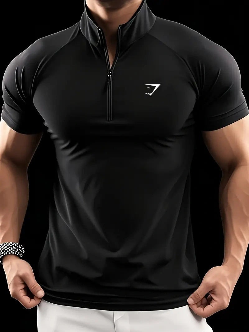 Cross border muscle shark short sleeved men's half zipper elastic quick drying T-shirt running sports milk silk tight fitting men's clothing