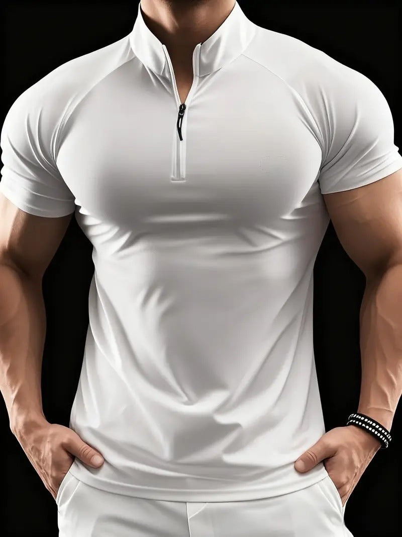 Cross border muscle shark short sleeved men's half zipper elastic quick drying T-shirt running sports milk silk tight fitting men's clothing