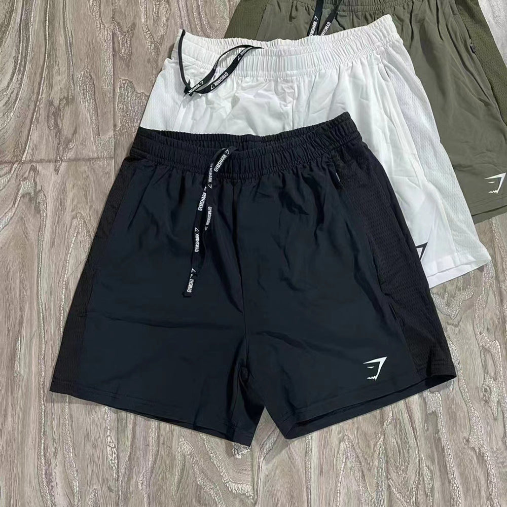 Original packaging Gymshark quick drying zipper shorts with patchwork design for breathable sports and fitness training for men's running