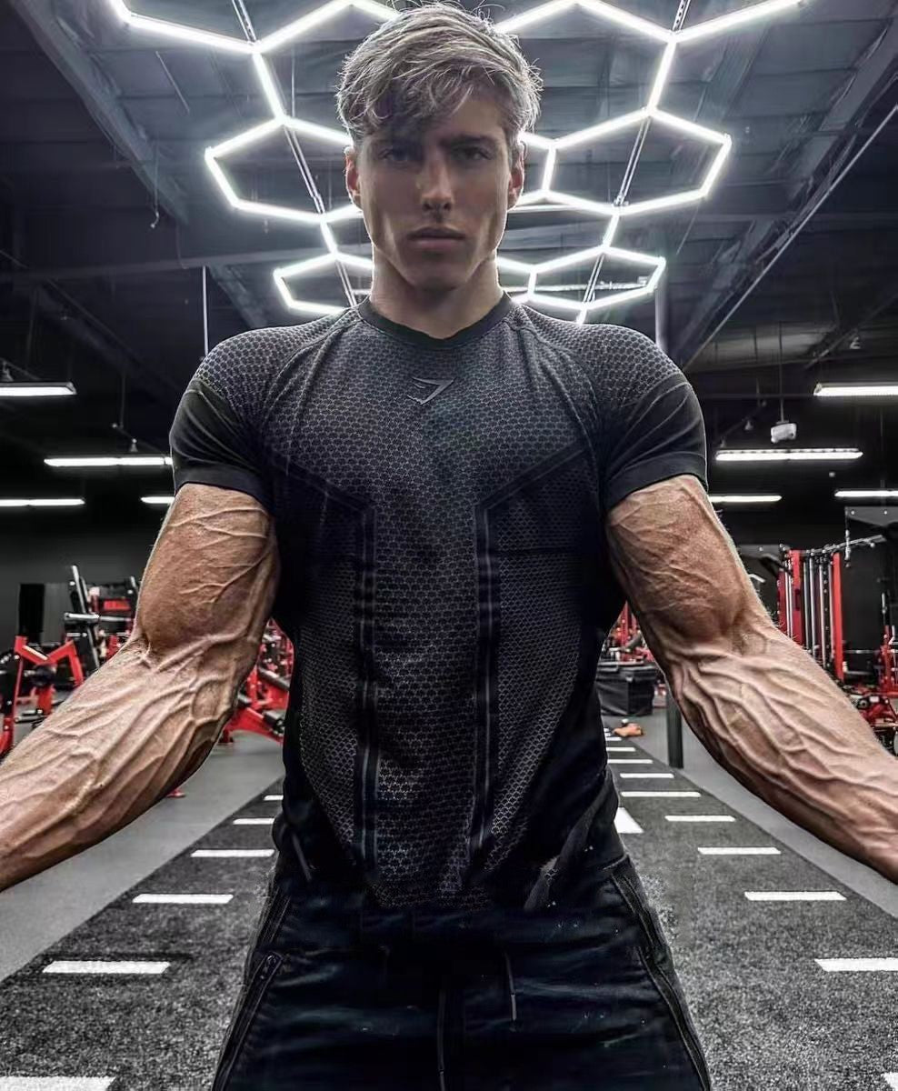 Gymshark summer men's slim fit short sleeved sports slim fit casual plus size short sleeved casual elastic top shark