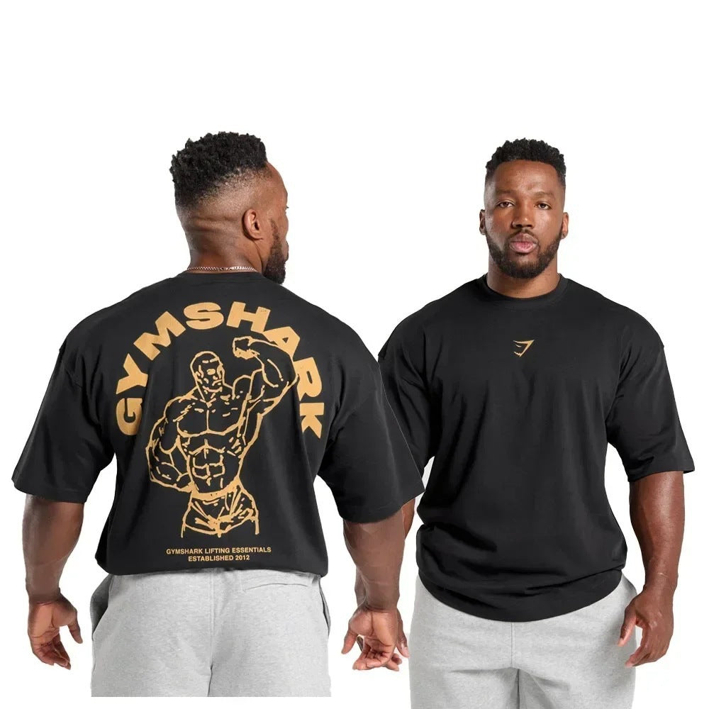 Cross border AliExpress Cross border US Muscle Shark T-shirt Street Fitness Gymnastics Summer Sports Fitness Short sleeved Men