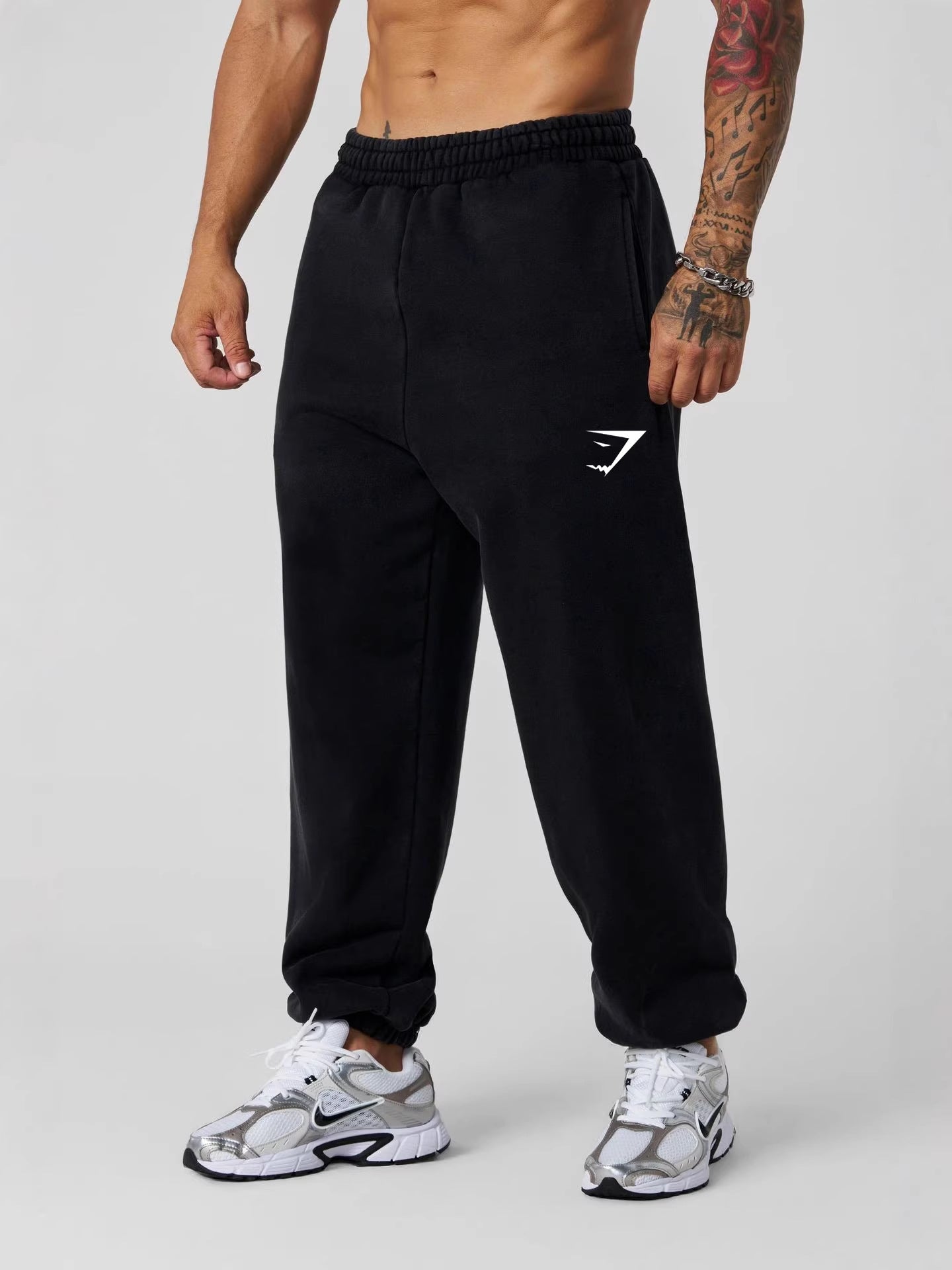 GYMSHARK men's sports pants, muscle exercise fitness jogging pants, cotton ankle tied mid waist casual pants, straight leg