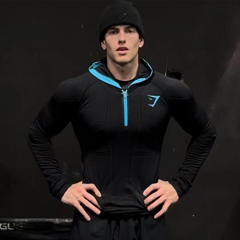 GYMSHARK men's long sleeved autumn and winter classic superhero quick drying elastic hooded sweatshirt with half zipper training suit