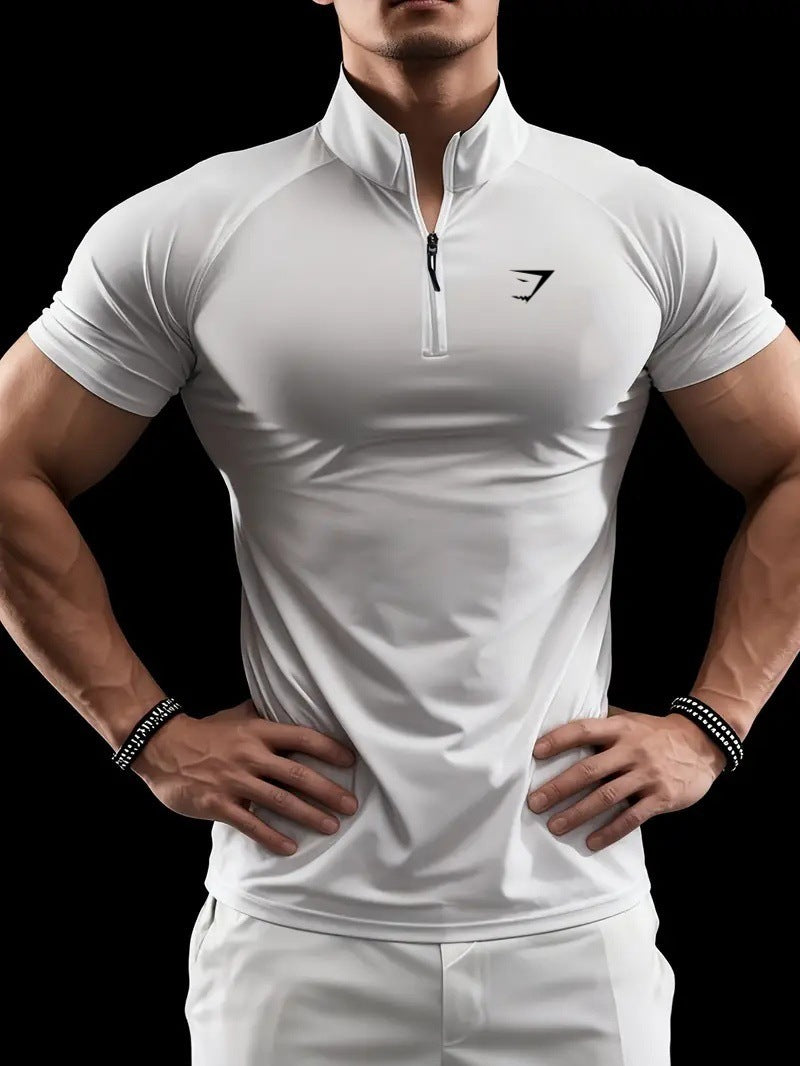 Cross border muscle shark short sleeved men's half zipper elastic quick drying T-shirt running sports milk silk tight fitting men's clothing