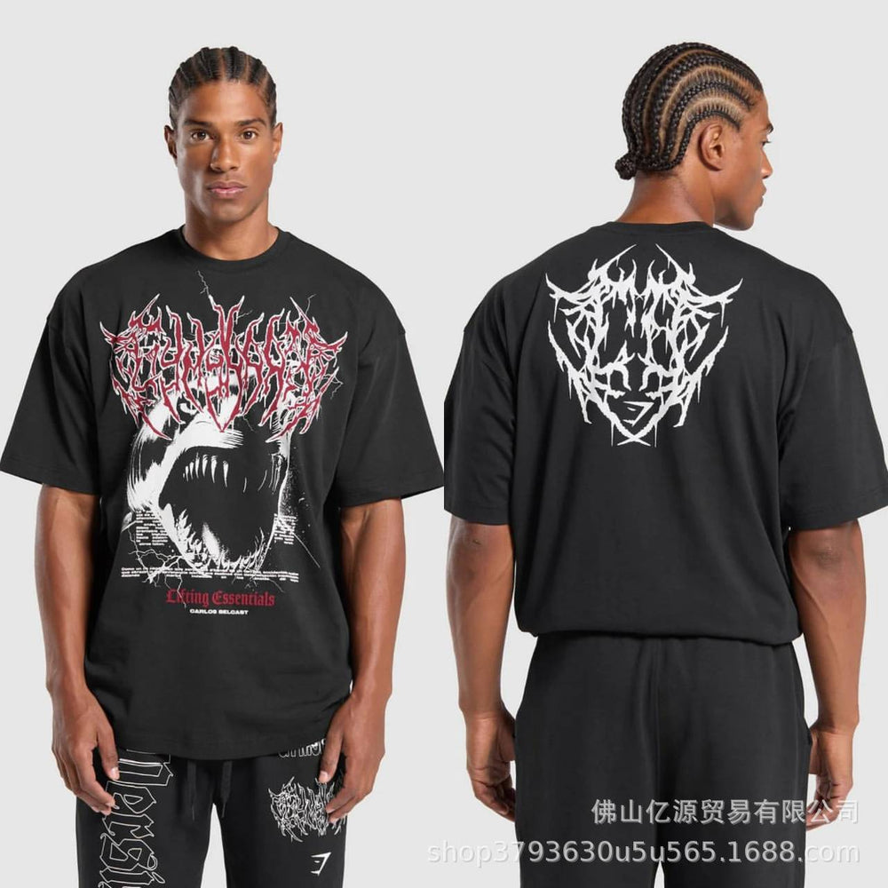 Cotton breathable fitness short sleeved heavyweight loose T-shirt Gymshark style sports casual top muscle shark