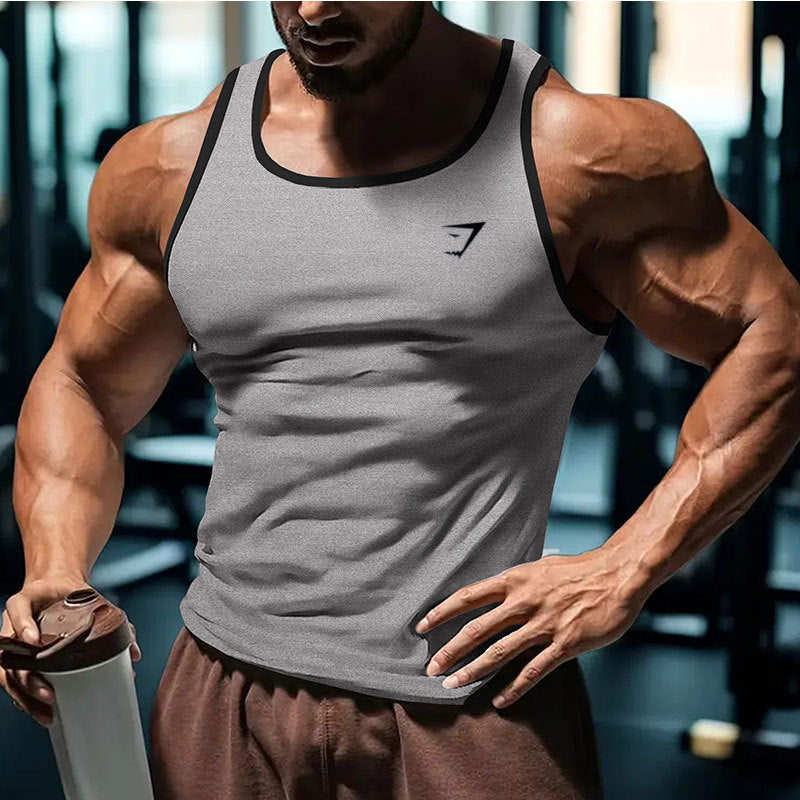 2025 Cross border European Summer New Men's Fitness Tank Top Sports Running Training Printed Slimming Trendy Brand Men's Wear