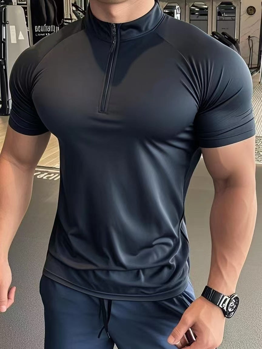 Cross border muscle shark short sleeved men's half zipper elastic quick drying T-shirt running sports milk silk tight fitting men's clothing