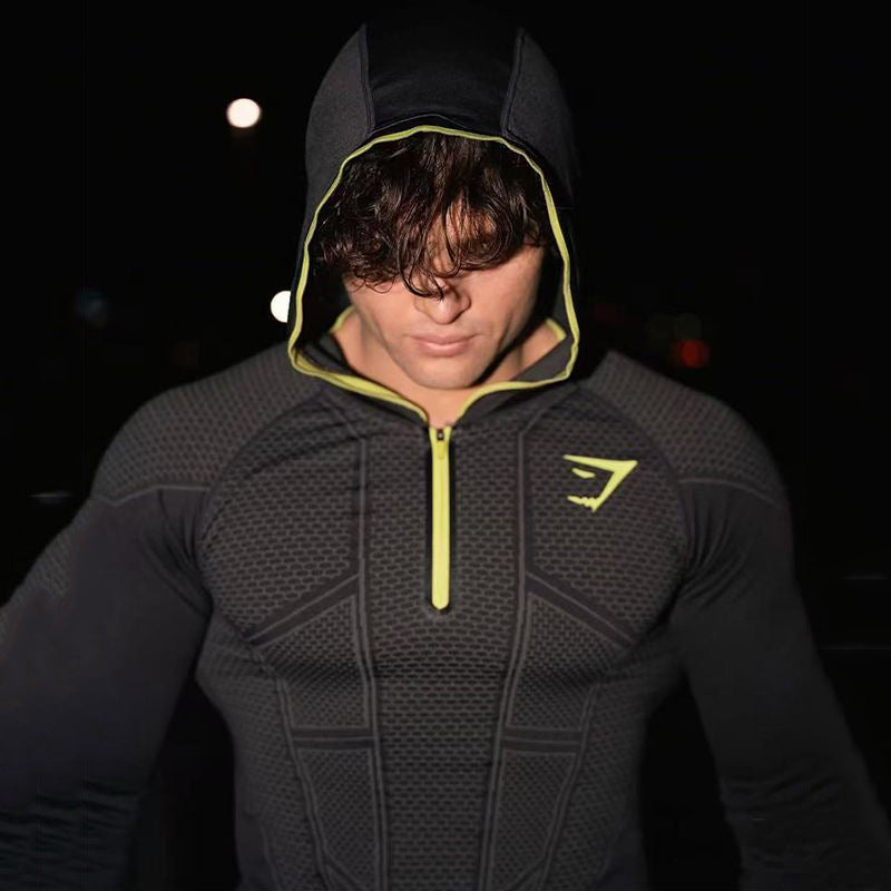 GYMSHARK men's long sleeved autumn and winter classic superhero quick drying elastic hooded sweatshirt with half zipper training suit