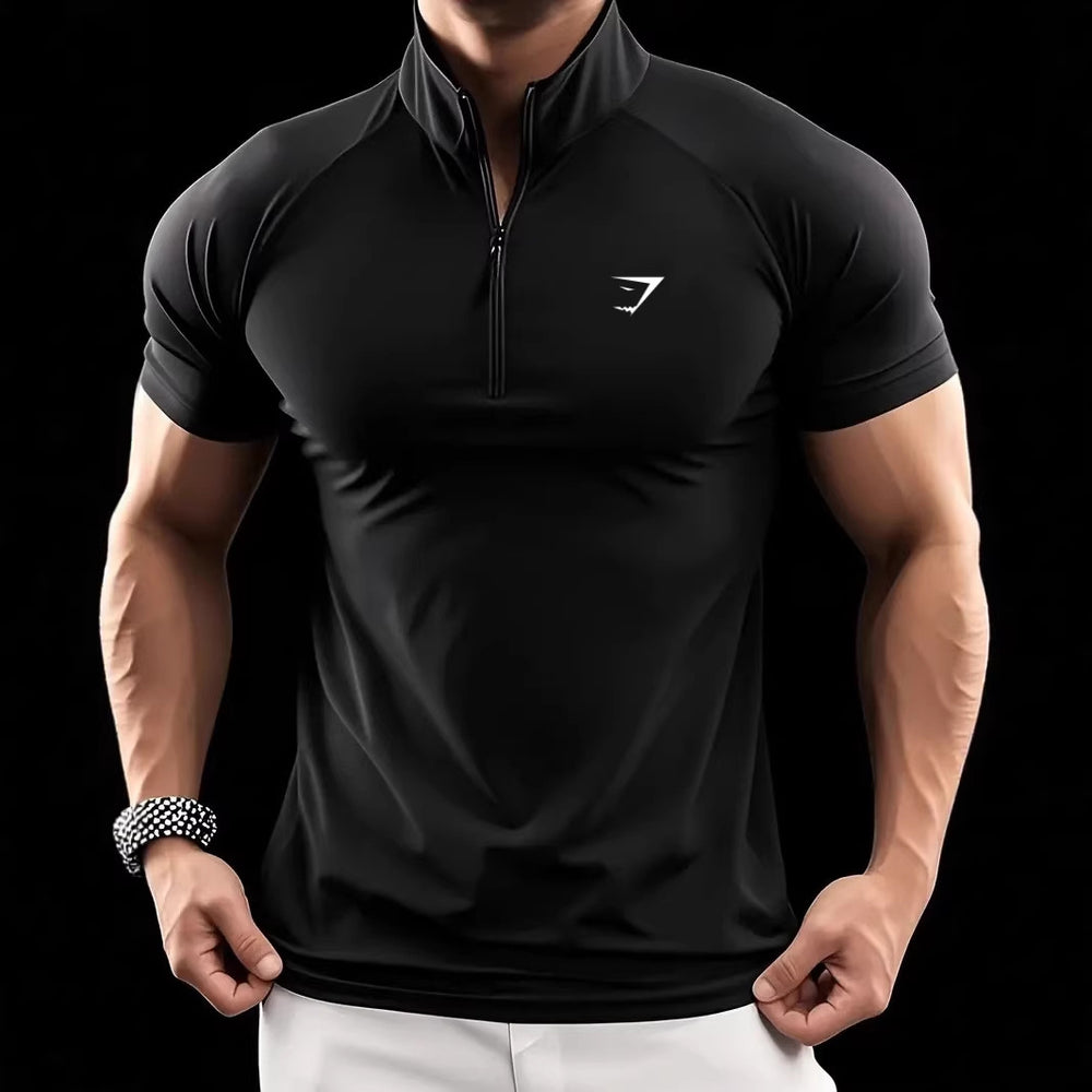 Cross border muscle shark short sleeved men's half zipper elastic quick drying T-shirt running sports milk silk tight fitting men's clothing