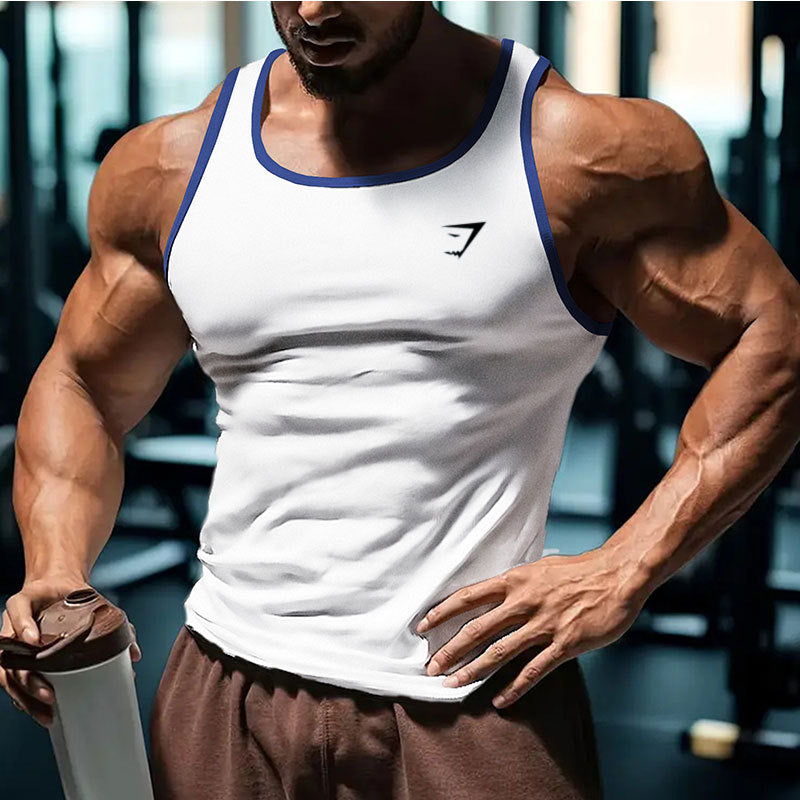 2025 Cross border European Summer New Men's Fitness Tank Top Sports Running Training Printed Slimming Trendy Brand Men's Wear