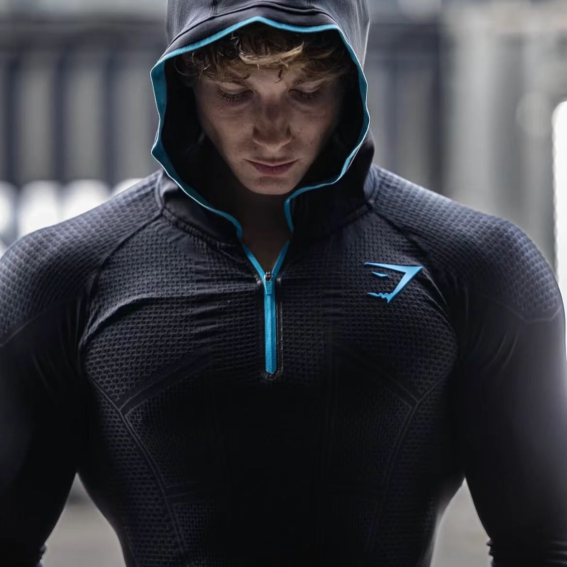 GYMSHARK men's long sleeved autumn and winter classic superhero quick drying elastic hooded sweatshirt with half zipper training suit