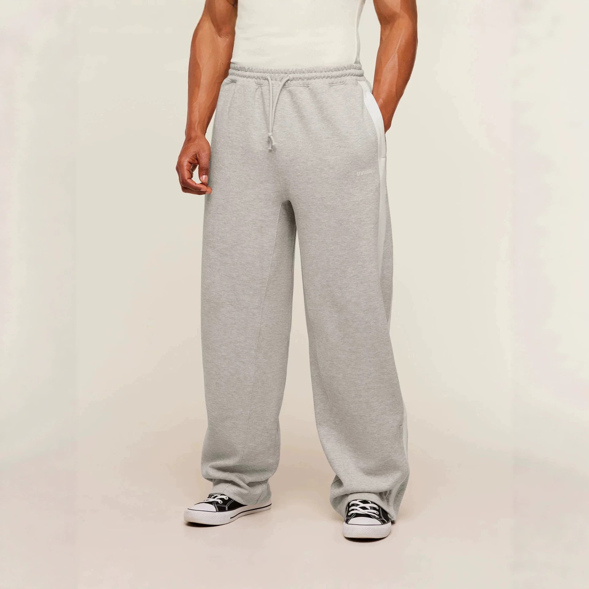 GYMSHARK Men's Sports Pants Double Strip Splicing Printed Casual Pants Gym Fitness Mid Waist Straight Leg Pants