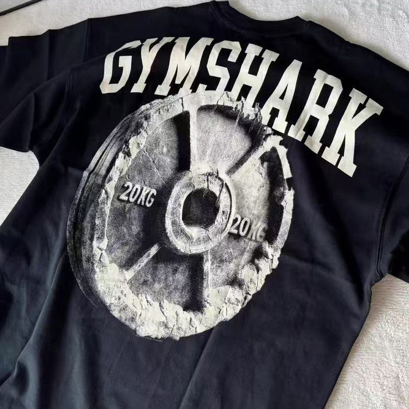 Gymshark muscle shark American trend fitness sports loose print men's short sleeved t-shirt