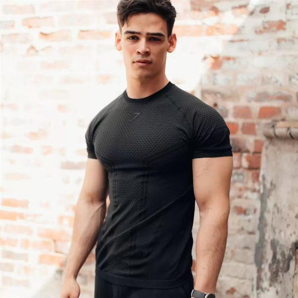 Gymshark summer men's slim fit short sleeved sports slim fit casual plus size short sleeved casual elastic top shark