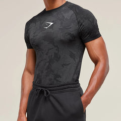 GYMSHARK男士运动健身短袖篮球跑步印花拉架弹力训练运动紧身T恤